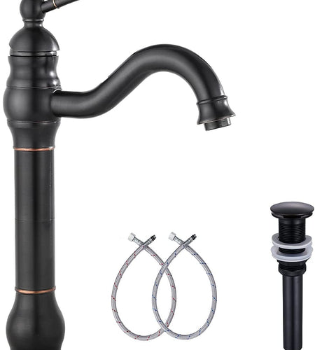 360° Swivel Single Handle One Hole Bathroom Vessel Sink Faucet Matching Pop up Drain without Overflow Oil Rubbed Bronze