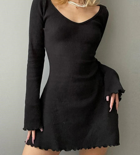 Knitting Elegant Dress for Women Spring Fall Solid Color V Neck Office Lady Irregular Hem Simple Basic Slim Dresses