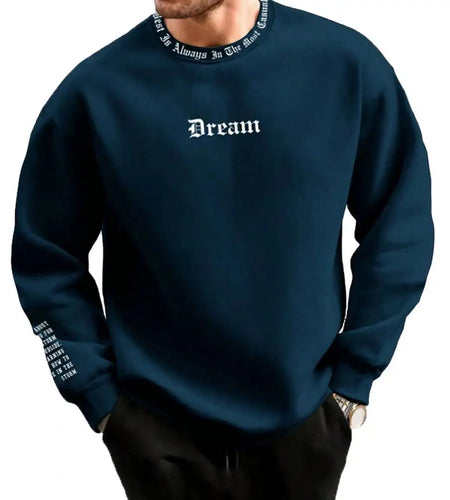 Men Fall Winter Sweatshirt round Neck Long Sleeve Men Top Letter Print Thick Loose Warm Mid Length Men Casual Top