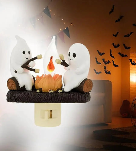 Ghost Campfire Flickering Night Light 3D Flame Ghosts Roasting Plug Wall Spooky Fire Marshmallow Night Light for Halloween Decor