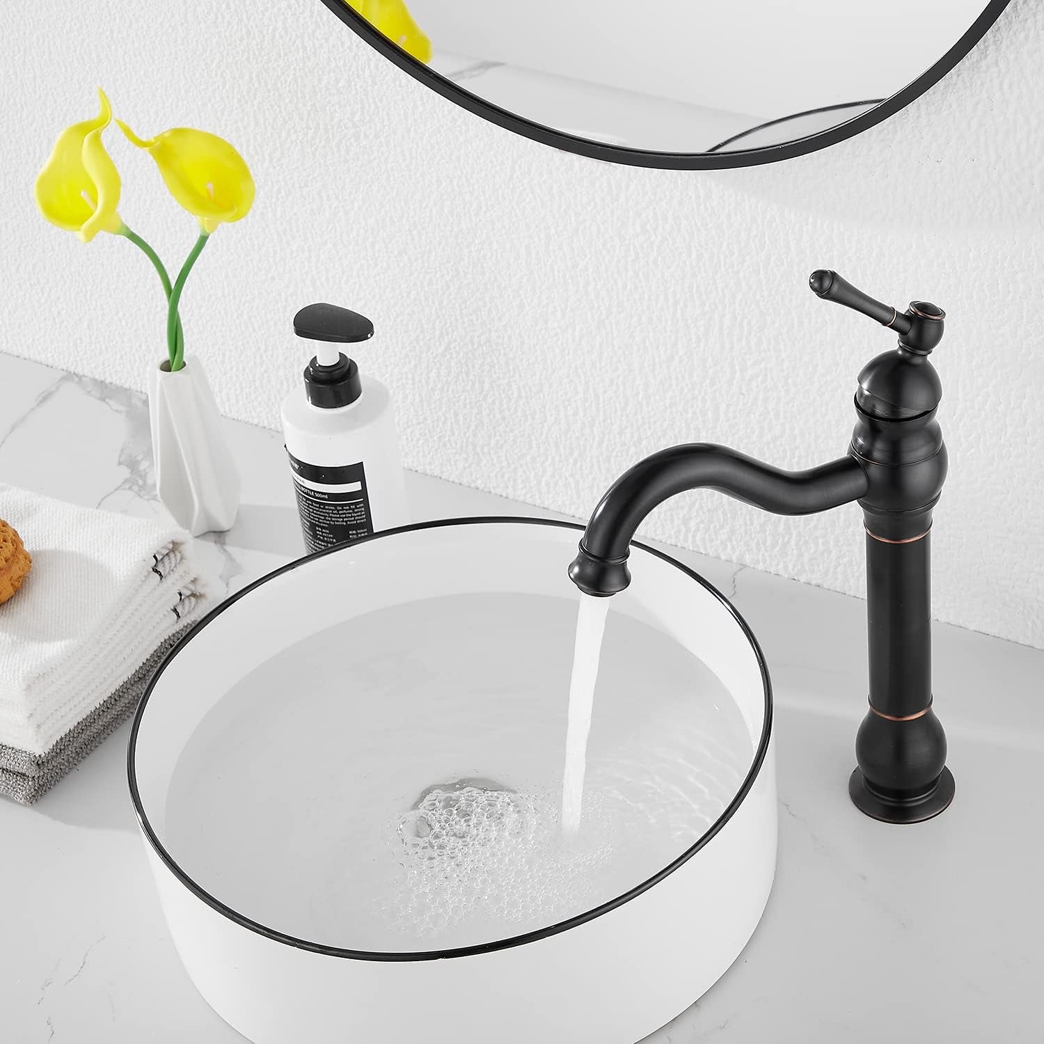 360° Swivel Single Handle One Hole Bathroom Vessel Sink Faucet Matching Pop up Drain without Overflow Oil Rubbed Bronze