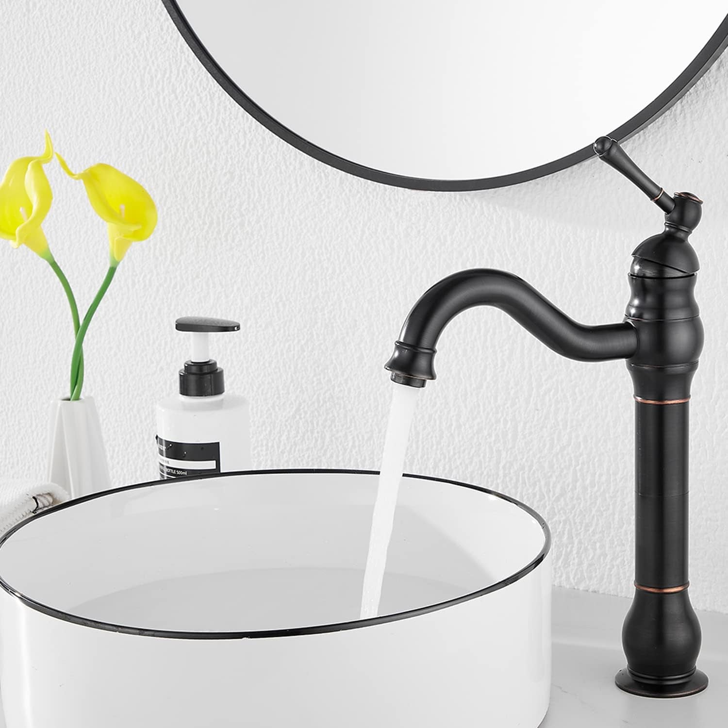 360° Swivel Single Handle One Hole Bathroom Vessel Sink Faucet Matching Pop up Drain without Overflow Oil Rubbed Bronze