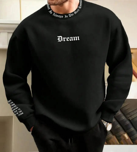 Men Fall Winter Sweatshirt round Neck Long Sleeve Men Top Letter Print Thick Loose Warm Mid Length Men Casual Top