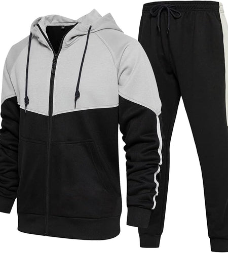 Men'S Hooded Athletic Tracksuit Sweatsuit Long Sleeve Full-Zip Jogging Sweatpants 2 Piece Patchwork Sportsuits