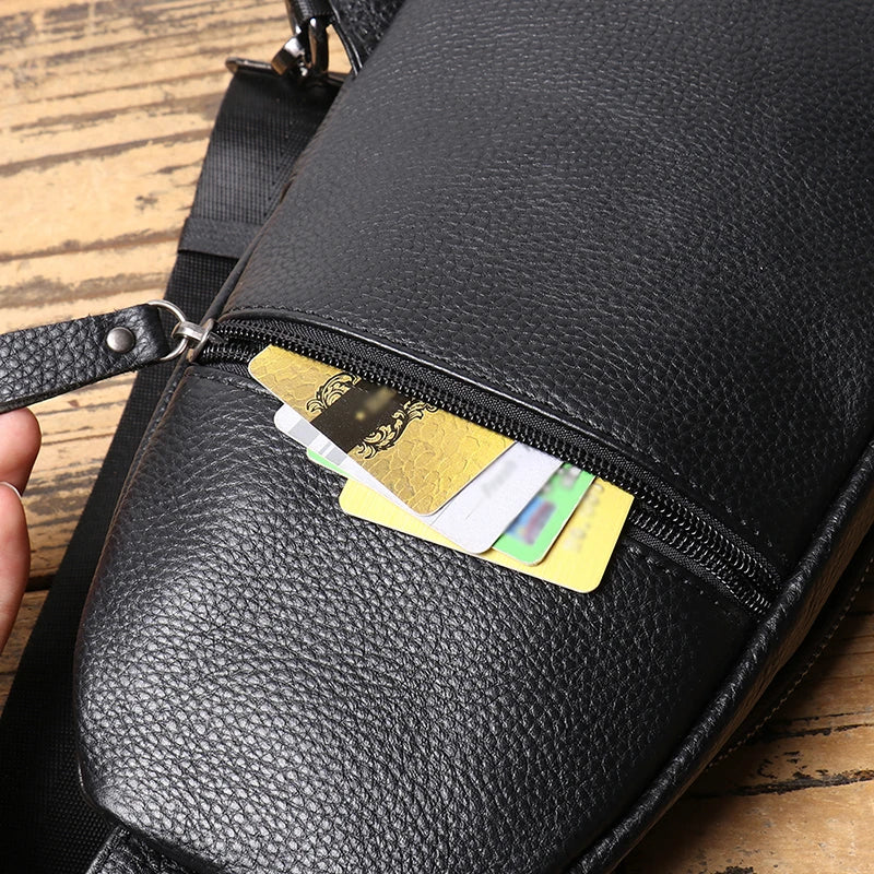 Men'S Chest Bag Casual Fashion Crossbody Head Layer Cowhide Cell Phone Pouch Bag Outdoor Sports Men'S Bag