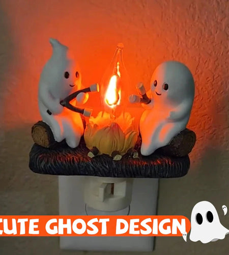 Ghost Campfire Flickering Night Light 3D Flame Ghosts Roasting Plug Wall Spooky Fire Marshmallow Night Light for Halloween Decor