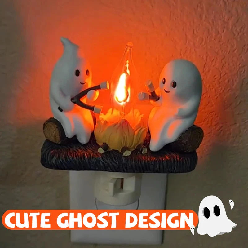 Ghost Campfire Flickering Night Light 3D Flame Ghosts Roasting Plug Wall Spooky Fire Marshmallow Night Light for Halloween Decor