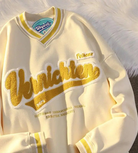 2021 New Letter Embroidered V-Neck Hoodies Women'S Y2K Street Retro Loose Sweatshirts Couple Casual Trend All-Match Hoodies Tops