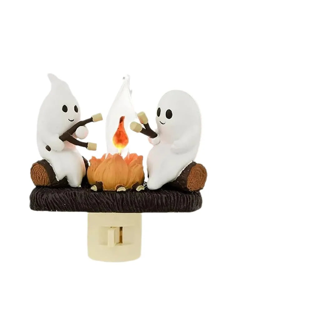 Ghost Campfire Flickering Night Light 3D Flame Ghosts Roasting Plug Wall Spooky Fire Marshmallow Night Light for Halloween Decor