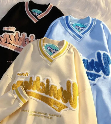 2021 New Letter Embroidered V-Neck Hoodies Women'S Y2K Street Retro Loose Sweatshirts Couple Casual Trend All-Match Hoodies Tops