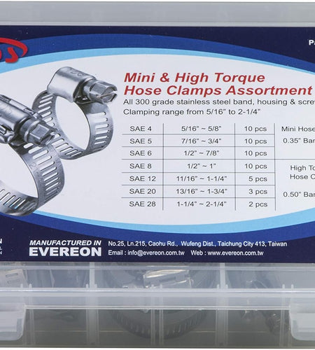 50 Pieces Mini & High Torque Hose Clamps Assortment Kit, All 300 Grade Stainless Steel, SAE Size: 4 (5/8"), 5 (3/4"), 6 (7/8"), 8 (1"), 12 (1-1/4"), 20 (1-3/4"), 28 (2-1/4")