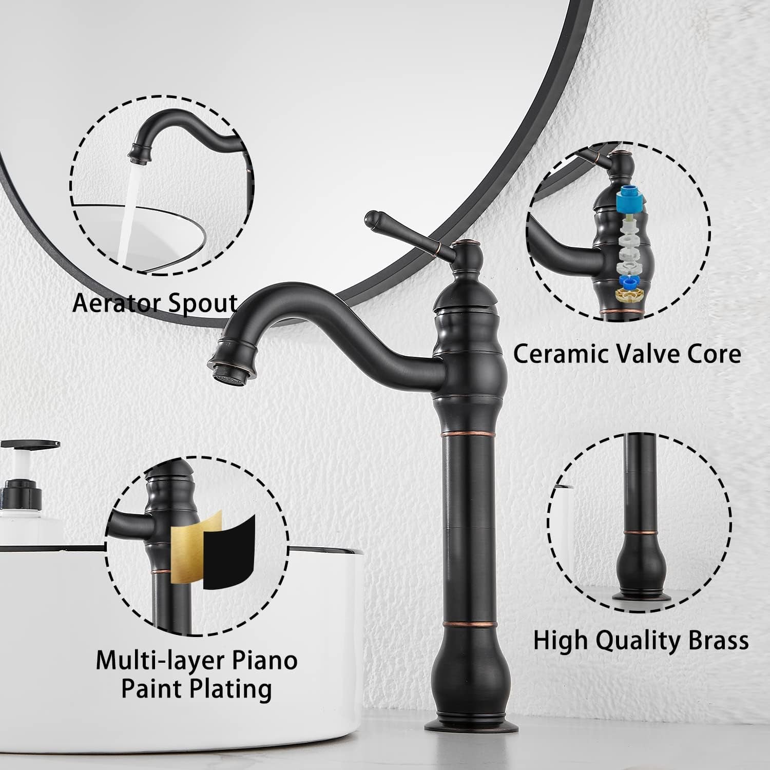 360° Swivel Single Handle One Hole Bathroom Vessel Sink Faucet Matching Pop up Drain without Overflow Oil Rubbed Bronze