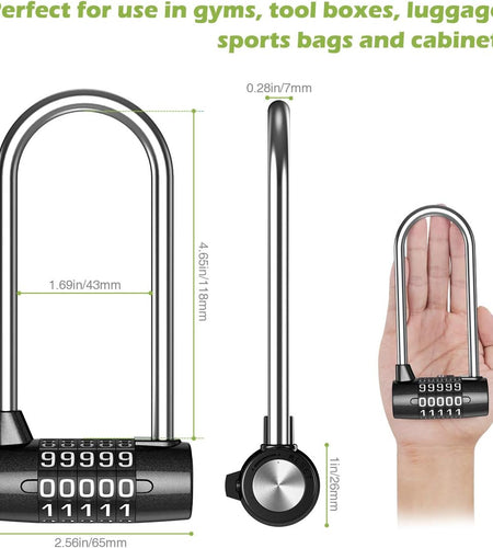 5 Digit Combination Padlock, 4.65 Inch Long Shackle Resettable Padlock, Lengthened Gym Lock Waterproof for School, Employee, Gym & Sports Locker, Gate, Case, Toolbox, Fence - Black