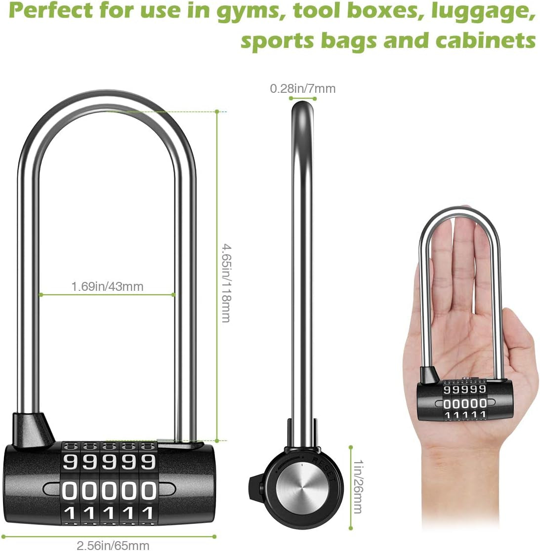 5 Digit Combination Padlock, 4.65 Inch Long Shackle Resettable Padlock, Lengthened Gym Lock Waterproof for School, Employee, Gym & Sports Locker, Gate, Case, Toolbox, Fence - Black