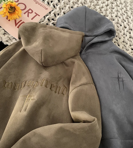 2023 Men'S Streetwear Vintage Embroidered Suede Hooded Sweatshirt High Quality Hoodie Fashion Hip Hop Unisex Pullover Y2K Clothe