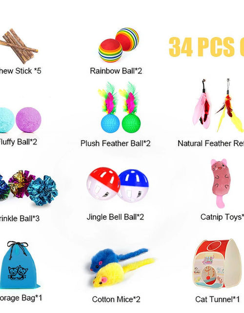 Load image into Gallery viewer, 34Pcs Cat Toys Kitten Toys,Interactive Cat Toys Set with Collapsible Cat Tunnels Tent for Indoor Cats,Retractable Cat Wand Toys Catnip Toys Cat Feather Teaser Fluffy Mouse Crinkle Balls for Cat,Kitty
