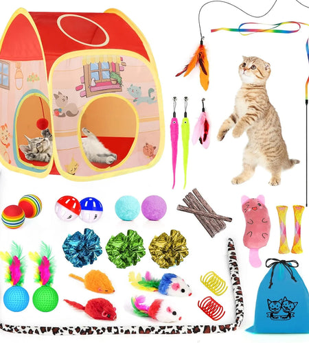34Pcs Cat Toys Kitten Toys,Interactive Cat Toys Set with Collapsible Cat Tunnels Tent for Indoor Cats,Retractable Cat Wand Toys Catnip Toys Cat Feather Teaser Fluffy Mouse Crinkle Balls for Cat,Kitty