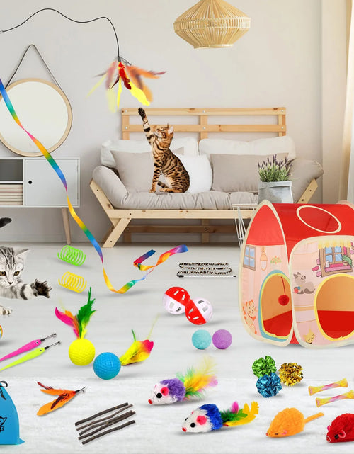 Load image into Gallery viewer, 34Pcs Cat Toys Kitten Toys,Interactive Cat Toys Set with Collapsible Cat Tunnels Tent for Indoor Cats,Retractable Cat Wand Toys Catnip Toys Cat Feather Teaser Fluffy Mouse Crinkle Balls for Cat,Kitty
