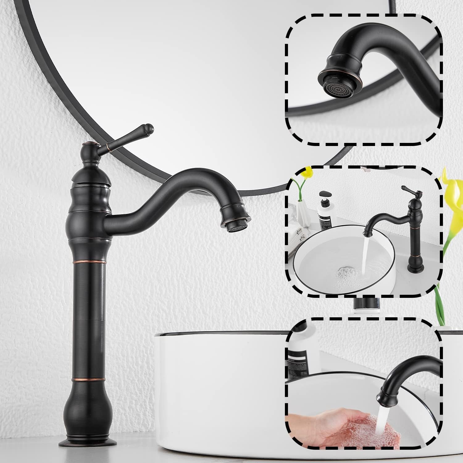 360° Swivel Single Handle One Hole Bathroom Vessel Sink Faucet Matching Pop up Drain without Overflow Oil Rubbed Bronze