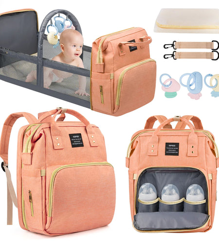 Diaper Bag Backpack, Multifunctional Baby Diaper Bags with Changing Station &Foldable Crib, Large Capacity Baby Bag for Boys Girls W/ USB Charging Port&Stroller Strap, Mom Gifts Baby Essentials(Gray)