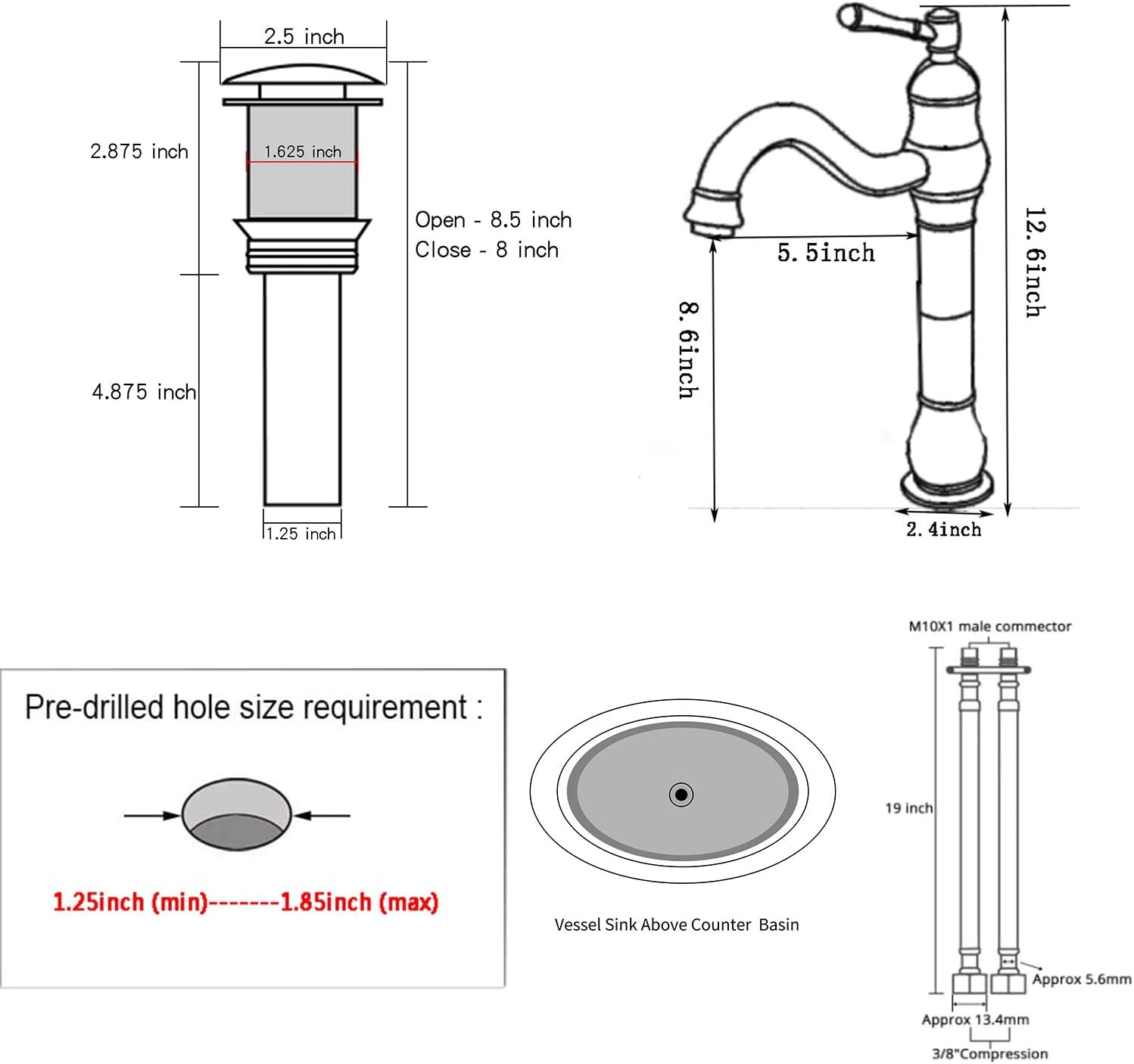 360° Swivel Single Handle One Hole Bathroom Vessel Sink Faucet Matching Pop up Drain without Overflow Oil Rubbed Bronze